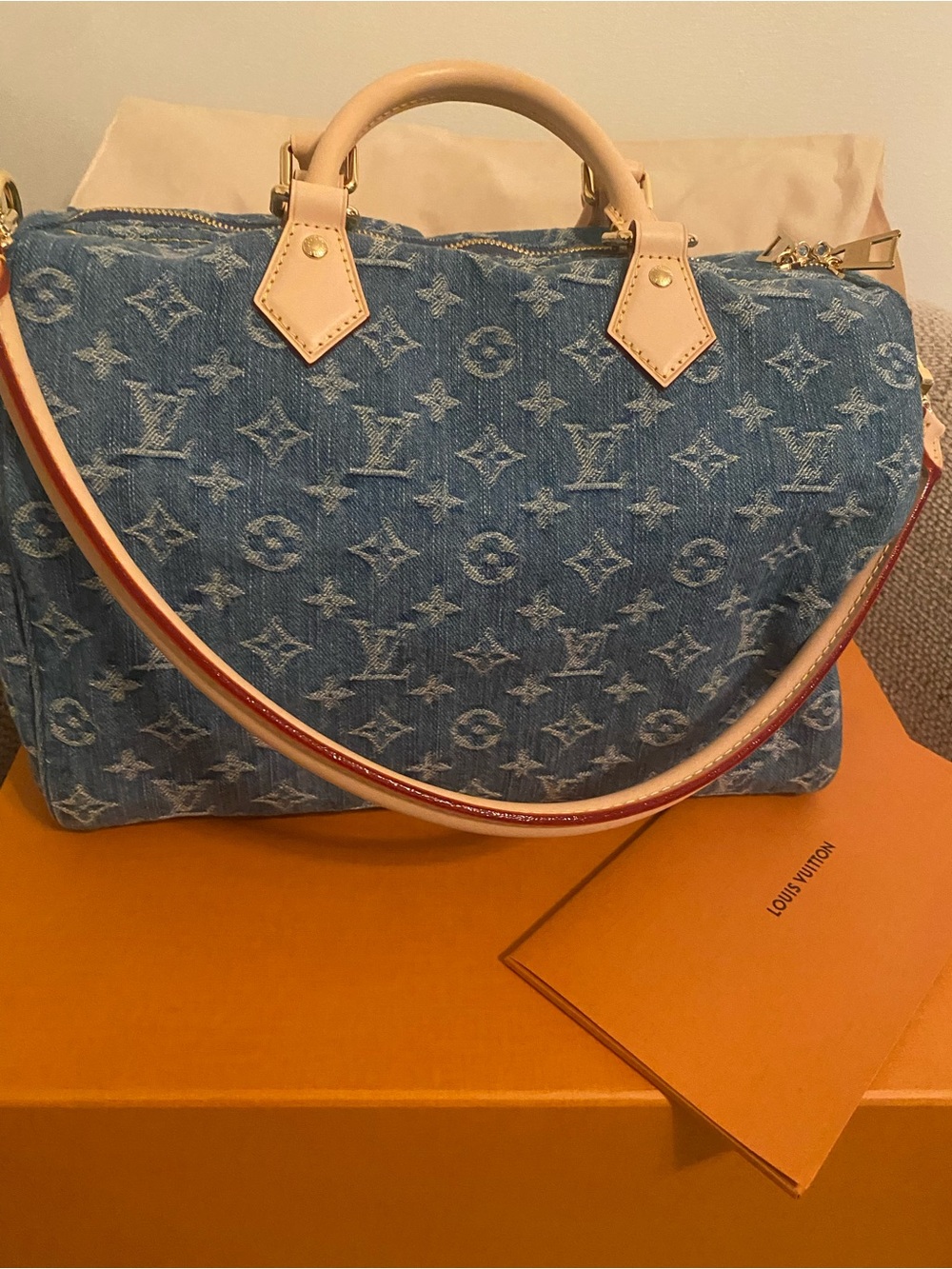 Louis Vuitton Soft  speedy 30 Denim Monogram Satchel with Natural Vachetta Trim